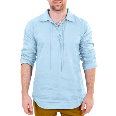 

Toponeto Mens Baggy Cotton Linen Solid Long Sleeve Drawsting Retro T Shirts Tops Blouses