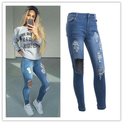 

Women High Waist Slim Tight-fitting Ripped Jeans Stretch Leggings Trousers Pants