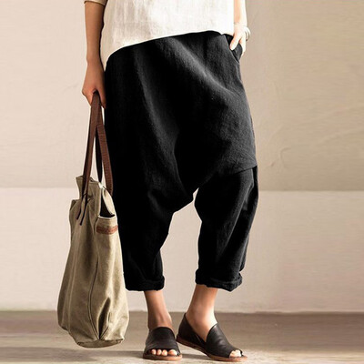 

Tailored Women Casual Loose Solid Pockets Pant Linen Haren Elastic Waist Pants