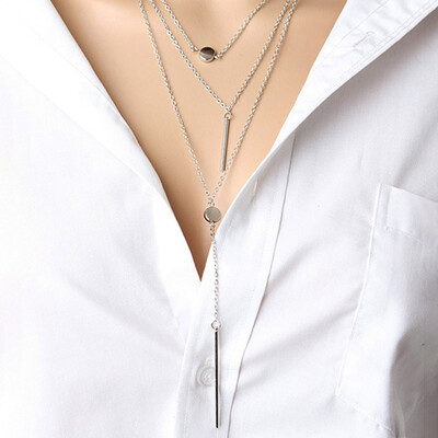 

New Fashion Style Alloy Metal Bar Pendant 3 Layers Chain Necklace Chunky Women Statement Choker Necklaces Women Jewelry