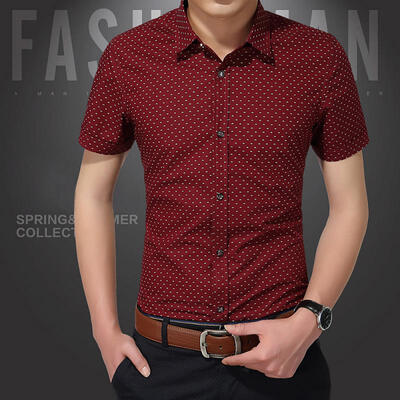 

Mens Casual Short Sleeve Cotton Shirts Dot Print Button Down Slim Shirts
