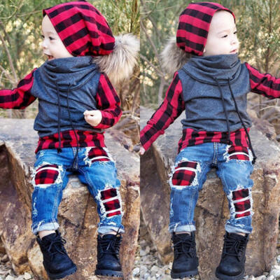 

Fashion Kids Baby Boy Plaid Tops Shirt Hole Denim Jeans Pants Outfits Clothes