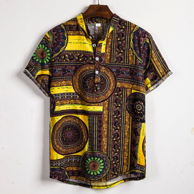 

Toponeto Mens Ethnic Short Sleeve Casual Cotton Linen Printing Hawaiian Shirt Blouse