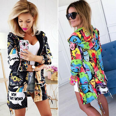 

Fashion Women&39s Characters Portraits Printed Jeacket Coat Long Sleeve Zipper up Hooded Outerwear