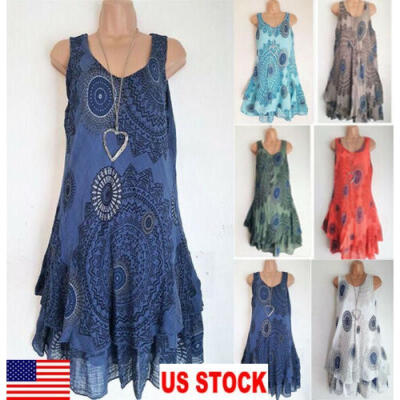 

US Women Lady Floral Tank Sleeveless Short Mini Shift Dress Boho Summer Sundress