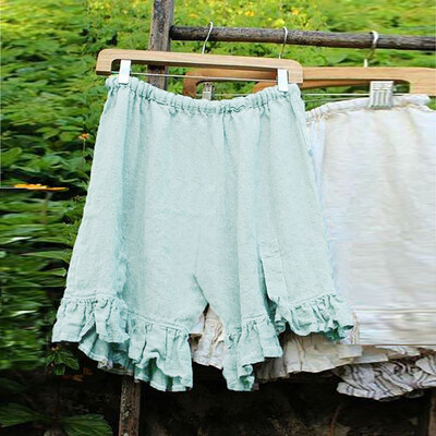 

Tailored Women Plue Size Causal Solid Linen High Waist Tie Up Loose Wide Short Leg Pants