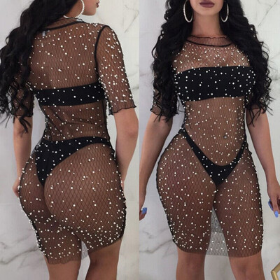 

Women Sequins Crystal Mesh Dress Bikini Cover Up Swimwear Swimsuit Bathing Suit