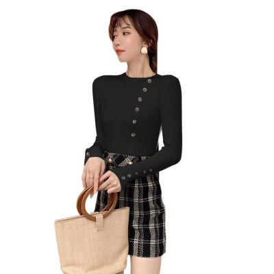 

Knitted Sweater Elastic Bottoming Jumper Women Long Sleeve Slim Button Tops