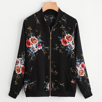 

Roseonmyhand Womens Retro Floral Printing Zipper Up Bomber Jacket Casual Coat Outwear