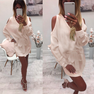 

〖Follure〗Womens Ladies Pullover Loose Strapless Long Sleeve Sweater Knitwear Dress