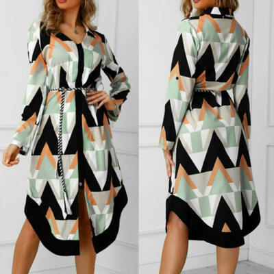

Women Fashion Long Sleeve Shirt Dress Casual V-Neck Wave Print Shirt Dress