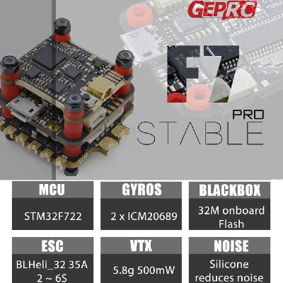 

Geprc Stable Pro F7 Stack Dual Gyro F7 Flight Controller with 35A BLheli_32 4in1 ESC&58G 500mW VTX for RC FPV Racing Drone