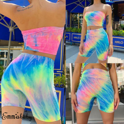

Women Holiday 2Pcs Set Bandeau Crop Top Shorts Summer Beach Sports Mini Jumpsuit
