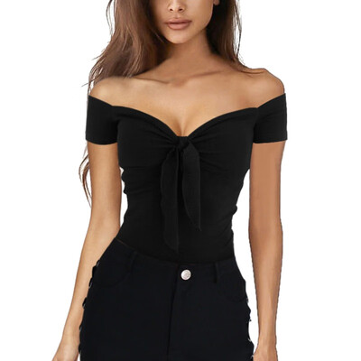 

Sexy Women Out Of The Shoulder With V-Neck Arc Tops Cotton Summer Girl Casual Beach Party Stretching Thin Fit T-shirt