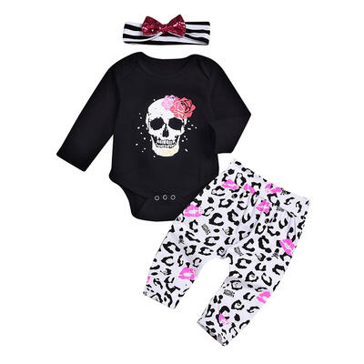 

3pcs Casual Skeleton Print Baby Long Sleeve O-Neck Romper Pants Headband