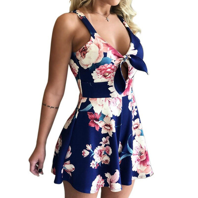 

Sexy Strap Front Bow Tie Overalls Floral Print Playsuit Women Summer Boho Wide Leg Beach Rompers Jumpsuit Backless