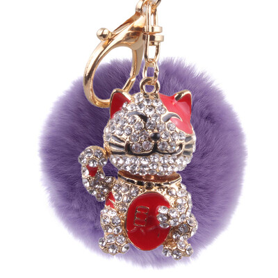

New lucky cat hair ball key chain inlaid color diamond three-dimensional bag pendant car decoration
