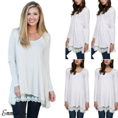 

US Plus Size Women Long Sleeve Tops Pullover Tee Shirt Baggy JumperLace Hem Hot