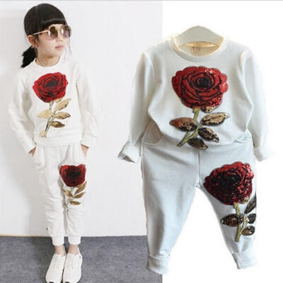 

2PCS Girls Kids Sequins Rose Outfits Clothes T ShirtLong Pants Set Tracksuit
