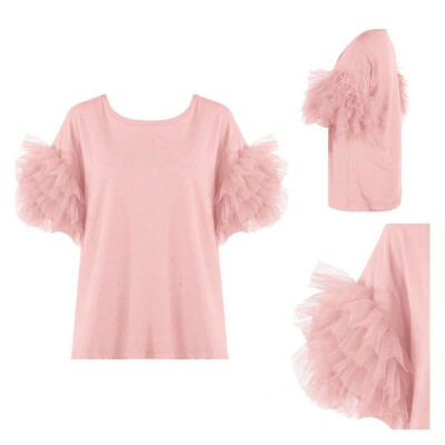 

Women Summer Tulle Ruffle Short Sleeve T Shirt Ladies Loose Casual Blouse Top