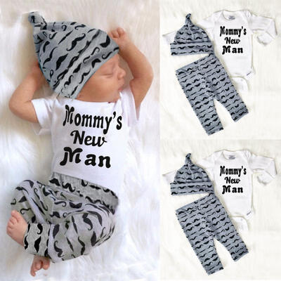

0-18M Newborn Baby Boy Clothes Mommy&39s New Man Romper Harem Pants Hat 3pcs Outfits Fashion s Clothing Set