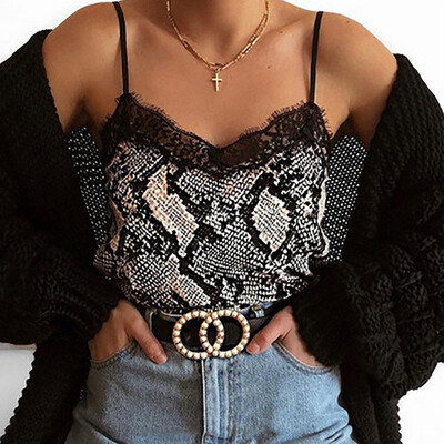 

Womens Summer Lace Stitching Sexy V Neck Sleeveless Leopard Snakeskin Print Slim Bottoming Popular Camisole