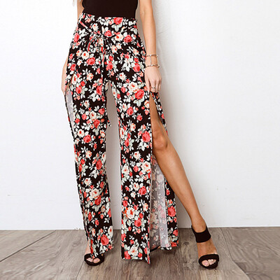 

Women Flower Print Trouser Elasticated Wide Leg High Waist Regular Long Pants