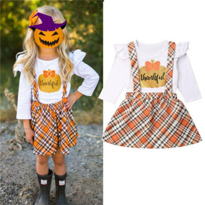 

2Pcs Infant Girl Halloween Pumpkin Top Plaid Strap Skirt Jumpsuit Casual Outfits
