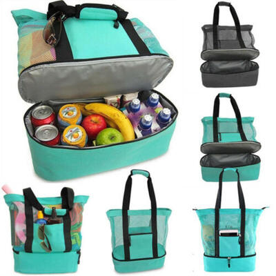

UK Handheld Lunch Bag Cooler Picnic Bag Mesh Beach Tote Bag Food Drink Storage