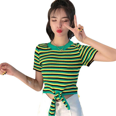 

Women Summer T Shirt Striped Short Sleeve Femme Korean Tee Ladies Casual O Neck Bandage Knitted Crop Top