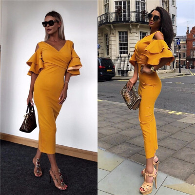 

New Women Dress Summer Vestidos Verano 2018 Celebrity Party Dresses Yellow Red Ruffles Butterfly Short Sleeve Midi Dress