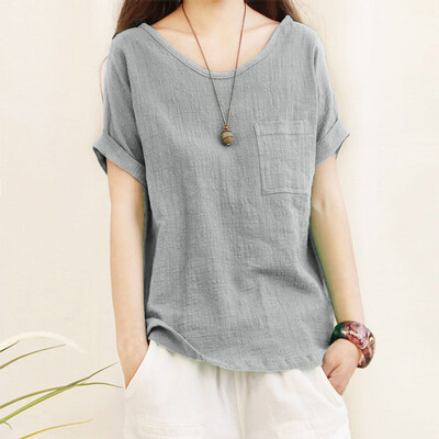 

Nomeni Women Ladies Short Sleeve Pocket Cotton And Linen T-shirts Top Blouse
