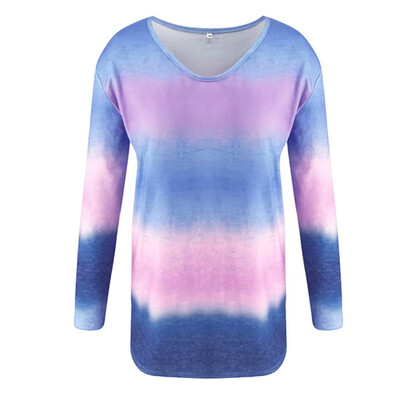 

MMWomen Fashion Gradient Print T-Shirt Female Autumn Long Sleeve V Neck Top For Women Ladies Casual Loose Tops