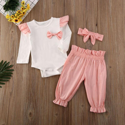 

US Infant Baby Girl Kid Long-sleeved Top Romper Trousers Headband Winter Clothes