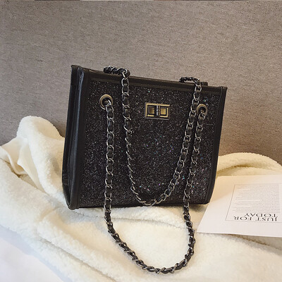 

Elegant Female Sequin Tote bag 2019 Summer New Quality PU Leather Womens Designer Handbag Lock Chain Shoulder Messenger Bag