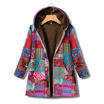 

Tailored Women Winter Vintage Warm Printed Pockets Thicker Zipper Hooded Coat Outwear