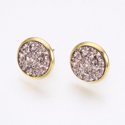 

Resin Stud Earrings with Golden Tone 304 Stainless Steel Findings Flat Round Druzy Resin RosyBrown 14515mm Pin 07mm