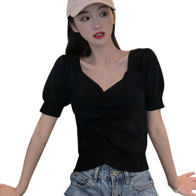 

Summer Women T Shirt Solid Color Short Sleeve Casual Knitted T-Shirt Sexy V Neck Puff Sleeve Women Tshirt camiseta mujer