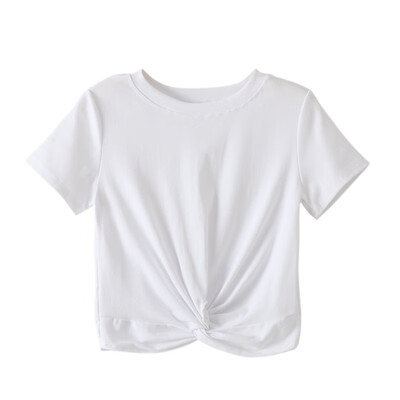 

Round Neck Cross Knot Exposed Navel Short Sleeve Tops Summer Womens Fold Design Short-sleeved T-shirt