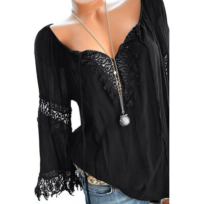 

Nomeni Womens Plus Size Off Shoulder Lace Pure Color Long Sleeves Blouse Loose Tops