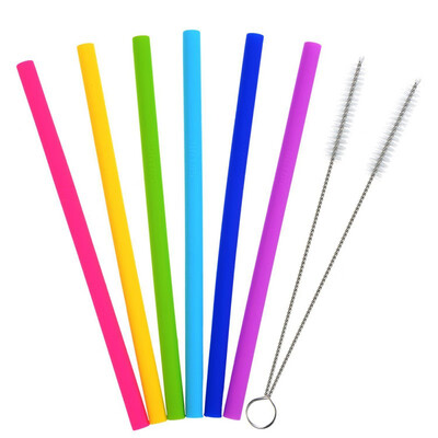 

Colorful Wine Juice Silicon Straws Bar Accessories Sets With Long Handle Brushes Soft Drinking Straws