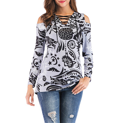 

Nomeni Women Long Sleeve Off Shoulder V Neck Printed Tops Loose T-Shirt Blouse