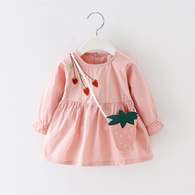 

Autumn Girl Dresses 18M-4Y Long Sleeve Embroidery Strawberry Print Toddler Baby Girls Dress With Bag Princess Dresses 4Colors