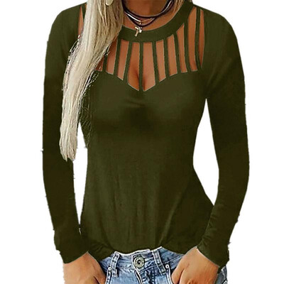 

Fashion Women Hollow Out T-shirt Long Sleeves O Neck Solid Casual Tees Casual Tops