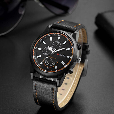 

Gobestart Fashion Casual Business Mens Alloy Three Eye Dial Leather Belt Quartz Watch