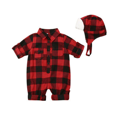 

UK Newborn Kids Baby Boy Girl Xmas Clothes Plaid Romper Jumpsuit Hat Warm Outfit