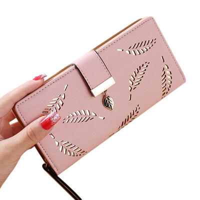 

Women Hollow Leaf Faux Leather Zipper Clutch Purse Long Wallet Cash Card Holder