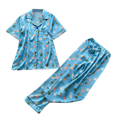 

Toponeto Women Simulation Silk Wave Point Print Sleepwear Long Trousers Nightwear Set