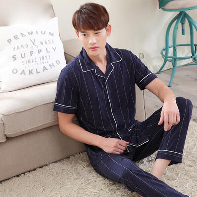 

2018 Summer Pajamas For Men Cotton Silk Short-sleeve Turn-down Collar Striped Sleepwear Thin Trousers Pajamas Set
