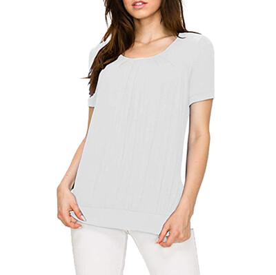 

Nomeni Women Scoop Neck Short Sleeve Casual Front Pleated Tunic Blouse Shirts Top